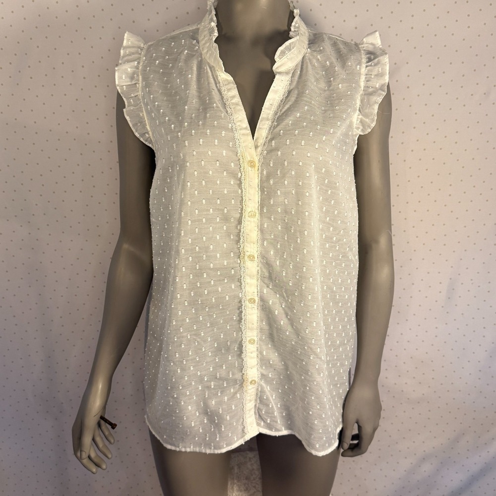 Old Navy Womens XL White Clip Dot Sleeveless Ruffle Lace Button Down Blouse Top
